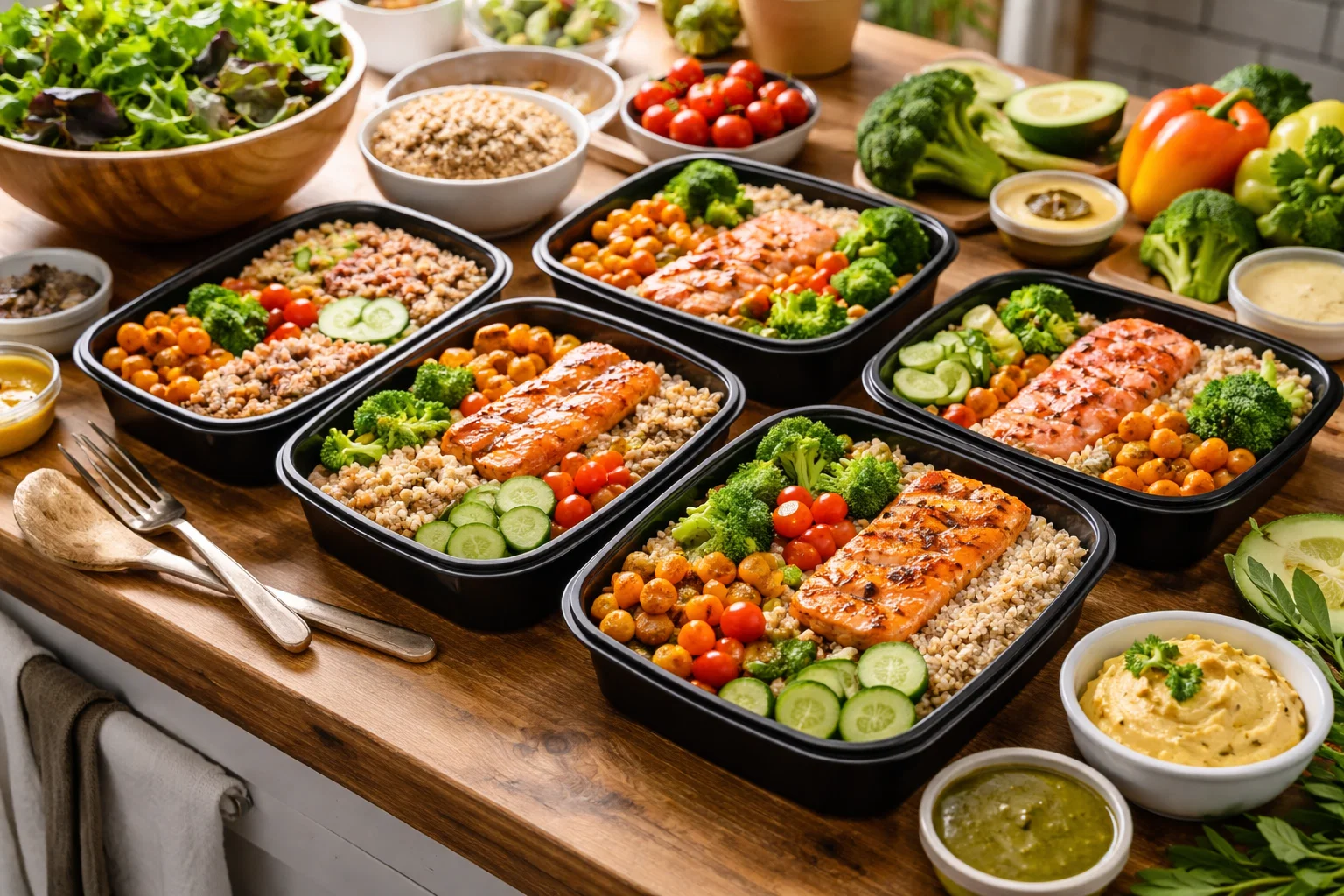 healthy meal prep with fresh vegetables, whole grains, and balanced portions on a wooden kitchen counter, natural lighting, lifestyle photography