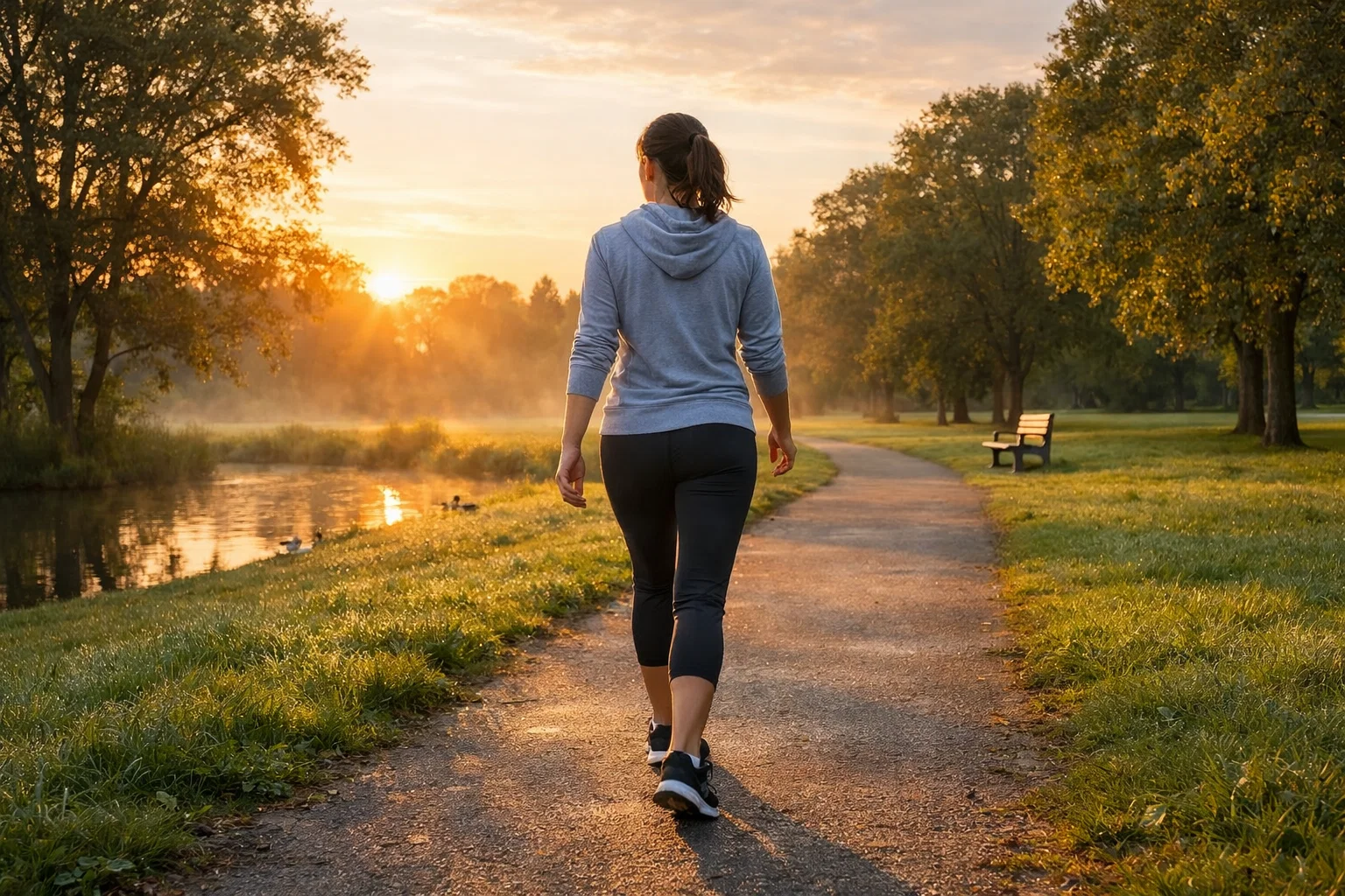 person walking in a green park during sunrise, comfortable athletic wear, peaceful morning atmosphere, healthy lifestyle concept